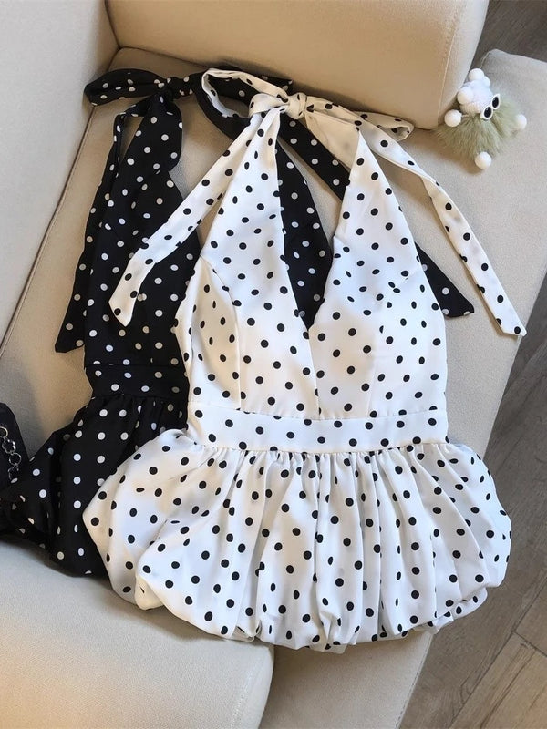 Polka Dot V-Neck Ruffle Babydoll Backless Crop Top