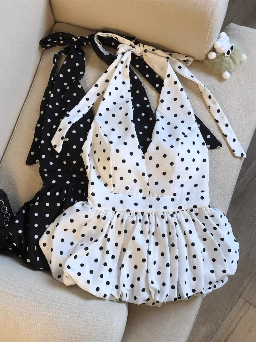 Polka Dot V-Neck Ruffle Babydoll Backless Crop Top