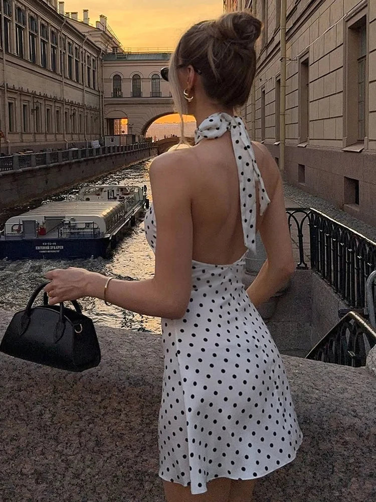 Polka Dot Halter Mini Dress – Backless Y2K Party Style