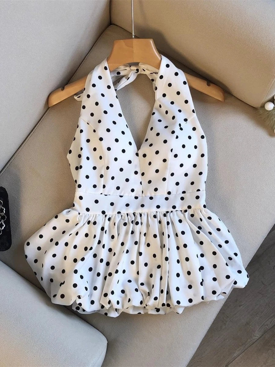 Polka Dot V-Neck Ruffle Babydoll Backless Crop Top