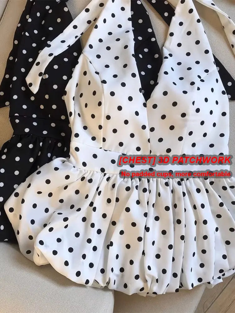 Polka Dot V-Neck Ruffle Babydoll Backless Crop Top