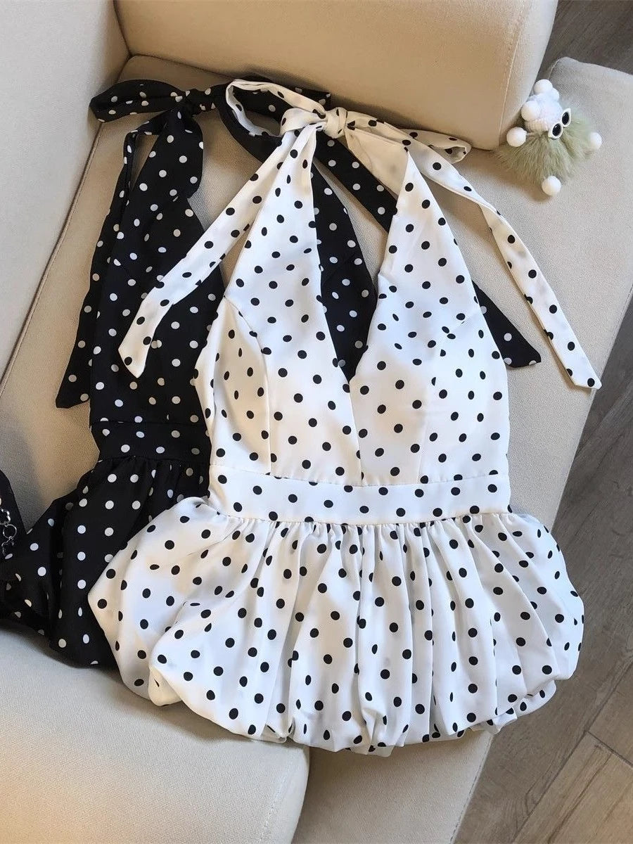 Polka Dot V-Neck Ruffle Babydoll Backless Crop Top