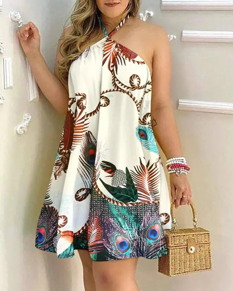 Floral Halter Mini Dress Boho Backless Beach Style